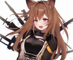 Rule 34 | 1girl, :d, animal ear fluff, animal ears, arknights, black jacket, black shirt, breasts, brown hair, ceobe (arknights), commentary request, dog ears, fang, hair between eyes, highres, jacket, l eri, long hair, looking at viewer, medium breasts, open mouth, red eyes, shirt, simple background, smile, solo, upper body, weapon, white background