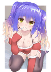 Rule 34 | 1girl, black thighhighs, blue hair, blue nails, blush, breasts, christmas, cleavage, collarbone, commentary, double-parted bangs, dress, eyelashes, eyes visible through hair, feet, flower, framed, fur-trimmed dress, fur-trimmed sleeves, fur trim, gloves, gradient hair, grey background, grin, hair between eyes, hair flower, hair ornament, halterneck, hand up, happy, highres, hirocchi, kohibari kurumi, large breasts, leaning forward, looking at viewer, multicolored hair, nail polish, no shoes, orange hair, panties, panty peek, pink flower, pointing, pointing at self, santa dress, santa gloves, shiny skin, short dress, simple background, sitting, sleeves past wrists, smile, soles, solo, tenshi souzou re-boot!, thighhighs, thighs, twintails, underwear, wariza, wavy hair, yellow eyes, yellow panties, zettai ryouiki