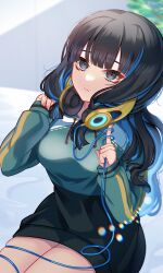 Rule 34 | 1girl, absurdres, akio (akio1124), black hair, black skirt, blue hair, breasts, cable, colored inner hair, fate/grand order, fate (series), green sweater, grey eyes, headphones, highres, index finger raised, long hair, long sleeves, looking at viewer, multicolored hair, sidelocks, skirt, small breasts, solo, sweater, tenochtitlan (fate), tenochtitlan (second ascension) (fate), thighs, wavy hair
