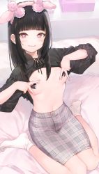 Rule 34 | 1girl, absurdres, animal ears, bed, black hair, blunt bangs, blush, breasts, buttons, closed mouth, clothes pull, fake animal ears, fuzuki fuuro, grey eyes, hairband, heart, heart-shaped pupils, heart pasties, highres, indoors, long hair, long sleeves, looking at viewer, miniskirt, navel, non-web source, on bed, original, pasties, pillow, plaid, plaid skirt, shirt pull, sidelocks, sitting, skirt, small breasts, smile, socks, solo, symbol-shaped pupils, upper body, v, wariza, white socks