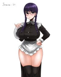Rule 34 | 1girl, absurdres, artkoji girls, black eyes, blush, breasts, english text, glasses, highres, huge breasts, looking at viewer, purple hair, simple background, thick thighs, thighhighs, thighs, white background