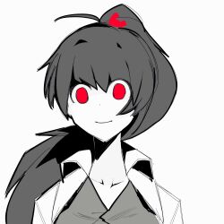 Rule 34 | 1girl, ahoge, bear hair ornament, carmen (project moon), closed mouth, collarbone, empty eyes, greyscale, hair ornament, high ponytail, highres, lab coat, lobotomy corporation, long hair, madotsuki ren, monochrome, portrait, project moon, red eyes, simple background, smile, solo, spot color, very long hair, vest
