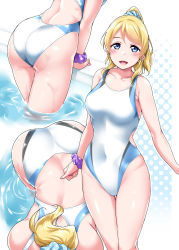 Rule 34 | 10s, 1girl, :d, all fours, arm support, ass, ayase eli, bare back, blonde hair, blue eyes, blue scrunchie, blush, breasts, collarbone, competition swimsuit, halftone, halftone background, highres, large breasts, looking at viewer, love live!, love live! school idol project, multiple views, one-piece swimsuit, open mouth, polka dot, polka dot background, ponytail, pool, poolside, purple scrunchie, scrunchie, sleeveless, smile, swimsuit, water, wrist scrunchie, yopparai oni, | |