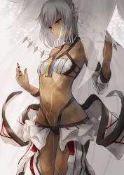 Rule 34 | 1girl, altera (fate), bandeau, black nails, breasts, closed mouth, commentary, cowboy shot, dark-skinned female, dark skin, detached sleeves, duplicate, expressionless, fate/extella, fate/extra, fate/grand order, fate (series), hands up, highleg, highres, kachi, legs together, midriff, nail polish, navel, pixel-perfect duplicate, red eyes, revealing clothes, showgirl skirt, skirt, small breasts, solo, veil, white hair, white skirt