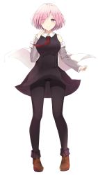 Rule 34 | 1girl, absurdres, bad id, bad pixiv id, black dress, black pantyhose, dress, eyes visible through hair, fate/grand order, fate (series), full body, hair over one eye, highres, jacket, levi9452, mash kyrielight, necktie, panties, panties under pantyhose, pantyhose, pantyshot, purple eyes, purple hair, short hair, simple background, smile, solo, underwear, white background, wind, wind lift