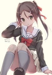 Rule 34 | 10s, 1girl, blush, brown hair, commentary request, dated, green eyes, hair between eyes, hair ornament, hair ribbon, hairclip, long hair, long sleeves, looking at viewer, miyoshi karin, neckerchief, nogi lief, open mouth, pleated skirt, ribbon, school uniform, serafuku, shoes, simple background, sitting, skirt, socks, solo, twintails, twitter username, white background, yuuki yuuna wa yuusha de aru, yuusha de aru