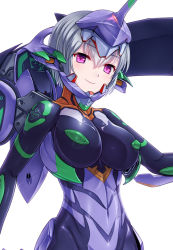 Rule 34 | 1girl, armor, bad id, bad pixiv id, blush, bodysuit, breasts, covered navel, eva 01, female focus, gainax, headgear, large breasts, looking at viewer, mecha musume, neon genesis evangelion, personification, pink eyes, plugsuit, purple armor, short hair, silver hair, skin tight, smile, solo, vuccha, white background