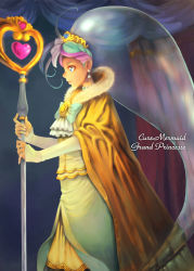 Rule 34 | 1girl, blue bow, blue dress, blue eyes, blue hair, bow, brooch, cape, character name, closed mouth, cowboy shot, cure mermaid, cure mermaid (grand princess), dress, earrings, expressionless, from side, go! princess precure, hair ornament, heart wand, holding, holding staff, jewelry, jj (ssspulse), kaidou minami, long hair, looking away, multicolored hair, precure, profile, purple hair, see-through, solo, staff, standing, streaked hair, two-tone hair, very long hair, yellow cape
