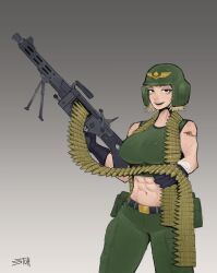 Rule 34 | 1girl, abs, absurdres, ammunition pouch, astra militarum, bandaged arm, bandages, belt, bipod, black eyes, blonde hair, bullet, cargo pants, gloves, gun, helmet, highres, looking at viewer, machine gun, midriff, muscular, muscular female, pants, pouch, short hair, signature, simple background, skull, smile, solo, stuxoxo, tank top, toned, warhammer 40k, weapon