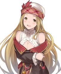 Rule 34 | 10s, 1girl, bad id, bad pixiv id, bare shoulders, blonde hair, blush, bow, breasts, brown eyes, cleavage, crossed arms, diola (granblue fantasy), granblue fantasy, hanarito, hat, hat bow, highres, long hair, looking at viewer, open mouth, solo, transparent background, yellow eyes