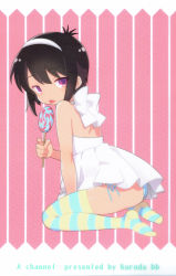 Rule 34 | 1girl, a channel, absurdres, black hair, candy, dress, feet, food, highres, ichii tooru, kuroda bb, lollipop, no shoes, official art, ribbon, simple background, skindentation, solo, striped clothes, striped thighhighs, thighhighs, tongue, tongue out, white dress