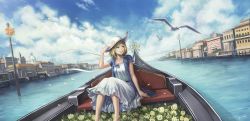 Rule 34 | 1girl, anbe yoshirou, bird, blonde hair, blue ribbon, blue sky, boat, building, cloud, cloudy sky, commentary request, day, dress, flower, hat, hat flower, neck ribbon, outdoors, petals, ribbon, river, seagull, short hair, sitting, sky, solo, sun hat, sunlight, water, watercraft, white dress, white hat, yellow eyes