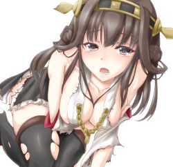 Rule 34 | 10s, 1girl, asahi (ge nyu), braid, breast hold, breasts, brown eyes, brown hair, cleavage, close-up, detached sleeves, hairband, highres, japanese clothes, kantai collection, kongou (kancolle), open mouth, personification, solo, tears, thighhighs, torn clothes