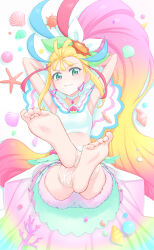 Rule 34 | 1girl, absurdres, armpits, arms behind head, barefoot, blonde hair, bow, choker, closed mouth, crop top, cure summer, earrings, feet, floating hair, full body, gem, gradient hair, green eyes, hair bow, highres, itou shin&#039;ichi, jewelry, long hair, looking at viewer, midriff, multicolored hair, natsuumi manatsu, pink hair, pink shorts, pleated skirt, precure, red gemstone, sailor collar, shorts, shorts under skirt, skirt, smile, soles, solo, stomach, toe scrunch, toenails, toes, tropical-rouge! precure, very long hair, white bow, white choker, white sailor collar