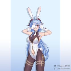 Rule 34 | 1girl, ahoge, alternate costume, animal ears, armpits, black bodysuit, blue background, blue hair, bodysuit, breasts, clothing cutout, commentary, curled horns, dm (nguyen dm95), english commentary, fake animal ears, ganyu (genshin impact), genshin impact, gloves, goat horns, heart, heart hands, horns, large breasts, leotard, long hair, looking at viewer, navel, navel cutout, necktie, pantyhose, pixiv id, playboy bunny, purple eyes, rabbit ears, rabbit tail, short necktie, smile, solo, standing, striped, striped background, tail, twitter username, upper body, white gloves, white necktie, wrist cuffs