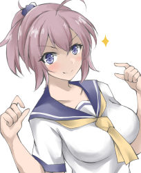 Rule 34 | 1girl, aoba (kancolle), blue eyes, blue scrunchie, breasts, commentary request, gakky, hair ornament, hair scrunchie, kantai collection, looking at viewer, medium breasts, messy hair, neckerchief, one-hour drawing challenge, ponytail, purple hair, purple sailor collar, sailor collar, school uniform, scrunchie, serafuku, short hair, simple background, smile, solo, upper body, white background, yellow neckerchief