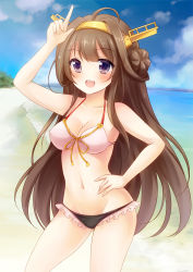 Rule 34 | 10s, 1girl, :d, ahoge, bare shoulders, beach, bikini, blue sky, blush, breasts, brown hair, cleavage, cloud, collarbone, cowboy shot, day, double bun, frilled bikini, frills, front-tie top, groin, hairband, hand on own hip, headgear, kantai collection, kongou (kancolle), long hair, looking at viewer, medium breasts, navel, nikoo, ocean, open mouth, outdoors, pink bikini, pointing, pointing up, purple eyes, sky, smile, solo, swimsuit