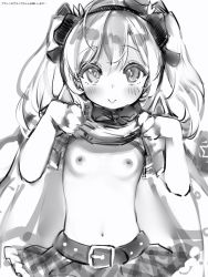 Rule 34 | 1girl, :&gt;, azur lane, bad id, bad pixiv id, belt, blush, bow, bowtie, breasts, clothes lift, cowboy shot, greyscale, hairband, highres, long hair, looking at viewer, monochrome, nanashi (nlo), navel, nipples, nude, saratoga (azur lane), shirt lift, simple background, small breasts, smile, solo, white background