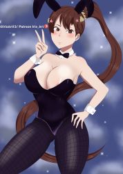 Rule 34 | 1girl, absurdres, bare shoulders, black clover, black leotard, blush, breasts, brown eyes, brown hair, closed mouth, hair ornament, highres, iris art, kahono, large breasts, leotard, long hair, pantyhose, playboy bunny, rabbit ears, smile, strapless, strapless leotard, tagme