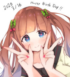 Rule 34 | .live, 1girl, bad id, bad twitter id, blue eyes, blush, bow, brown hair, cherry hair ornament, closed mouth, collarbone, dated, food-themed hair ornament, green bow, hair bow, hair ornament, happy birthday, highres, kakyouin chieri, long hair, looking at viewer, nail polish, pink nails, sailor collar, simple background, smile, solo, suzushika (13 96), twintails, upper body, very long hair, virtual youtuber, white background
