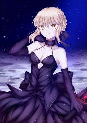Rule 34 | 1girl, artoria pendragon (all), artoria pendragon (fate), black dress, black gloves, black ribbon, blonde hair, braid, breasts, choker, cleavage, collarbone, crown braid, dress, elbow gloves, excalibur morgan (fate), fate/stay night, fate (series), gloves, hair between eyes, hair ribbon, hand in own hair, highres, holding, holding sword, holding weapon, looking at viewer, medium breasts, outdoors, ribbon, saber alter, sidelocks, sleeveless, sleeveless dress, snowing, soda (sodachuxd), solo, sword, weapon, yellow eyes