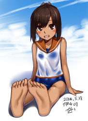 Rule 34 | 10s, 1girl, :d, barefoot, blush stickers, brown eyes, brown hair, dated, feet, foot focus, foreshortening, h kasei, i-401 (kancolle), kantai collection, one-piece swimsuit, open mouth, personification, school swimsuit, shirt, short hair, signature, sitting, smile, soles, solo, swimsuit, swimsuit under clothes, tan, toes, wet, wet clothes, wet shirt