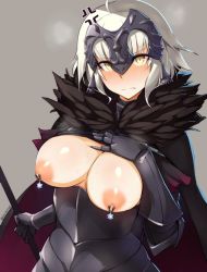 Rule 34 | 1girl, anger vein, armor, bad id, bad twitter id, black gloves, blonde hair, blush, breast suppress, breasts, breasts out, cape, clothes lift, fate/apocrypha, fate/grand order, fate (series), gloves, headpiece, jeanne d&#039;arc (fate), jeanne d&#039;arc alter (avenger) (fate), jeanne d&#039;arc alter (fate), kurowa, large breasts, looking at viewer, md5 mismatch, nipple piercing, nipples, piercing, resized, ruler (fate/grand order), shirt lift, silver hair, solo, type-moon, yellow eyes