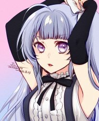 Rule 34 | 1girl, ahoge, arms up, artist name, assault lily, bare shoulders, black ribbon, blue background, bow, buttons, center frills, commentary, dated, frilled shirt, frilled shirt collar, frills, gradient background, grey hair, hair bow, long hair, long sleeves, looking at viewer, miriam hildegard von gropius, neck ribbon, parted lips, pink background, purple eyes, ribbon, school uniform, shirt, sidelocks, sleeveless, sleeveless shirt, sleeves past wrists, solo, suspenders, takemiya jin, twintails, tying hair, upper body, white bow, white shirt, yurigaoka girls academy school uniform