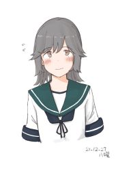 Rule 34 | 1girl, alternate costume, alternate hairstyle, black neckerchief, blue sailor collar, brown eyes, commentary request, cropped torso, flipped hair, grey hair, hachiyou (hatiyo), highres, kantai collection, looking at viewer, neckerchief, sailor collar, short hair, sidelocks, simple background, solo, usugumo (kancolle), white background