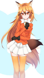 Rule 34 | 10s, 1girl, animal ears, bad id, bad pixiv id, black gloves, bow, ezo red fox (kemono friends), fox ears, fox tail, fur trim, gloves, hair between eyes, highres, jacket, kemono friends, long hair, long sleeves, looking at viewer, orange hair, orange thighhighs, pleated skirt, red eyes, red jacket, simple background, skirt, solo, standing, tail, thighhighs, tohochang, white bow, white skirt, zettai ryouiki