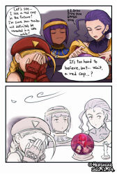 Rule 34 | 2koma, 4girls, beret, blonde hair, bob cut, braid, cammy white, candle, capcom, comic, commentary, crystal ball, dark-skinned female, dark skin, dated, double facepalm, english commentary, english text, facepalm, fingerless gloves, gloves, hat, hershuar, korean text, marisa (street fighter), menat, mixed-language text, multiple girls, purple hair, rose (street fighter), smile, smug, street fighter, street fighter 6, street fighter v, street fighter zero (series), sweatdrop, translation request, twitter username, wind