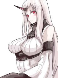 Rule 34 | 10s, 1girl, abyssal ship, bad id, bad pixiv id, bare shoulders, blush, breasts, covered erect nipples, detached sleeves, horns, huge breasts, kantai collection, large breasts, long hair, looking at viewer, pale skin, red eyes, ribbed sweater, seaport princess, simple background, single horn, sleeveless, solo, sweater, tokoi, upper body, very long hair, white background, white hair
