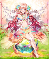 Rule 34 | 1girl, :d, aile (crossroads), anklet, barefoot, barefoot sandals (jewelry), blush, breasts, brown hair, dress, earrings, feet, flora (mythology), flower, full body, gradient hair, grass, greek mythology, hair flower, hair ornament, highres, jewelry, long hair, medium breasts, multicolored eyes, multicolored hair, navel, open mouth, original, pink hair, roman mythology, shingoku no valhalla gate, sitting, smile, solo, thigh gap, toe ring, toes, very long hair