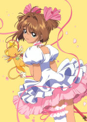 Rule 34 | 1990s (style), 1girl, asymmetrical legwear, brown hair, cardcaptor sakura, child, clamp, frilled thighhighs, frills, hair intakes, hoshi no tsue, kero (cardcaptor sakura), kinomoto sakura, magical girl, official art, petals, retro artstyle, short hair, simple background, single thighhigh, skirt, solo, thighhighs, two side up, uneven legwear, wand, white thighhighs, yellow background