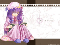 Rule 34 | 1girl, blue bow, book, bow, character name, crescent, dress, female focus, frills, full body, hair bow, hat, knees up, long hair, long sleeves, matching hair/eyes, mob cap, necktie, open book, patchouli knowledge, pink bow, purple eyes, purple hair, reading, red necktie, simple background, sitting, slippers, solo, touhou, white background, ~o cubic