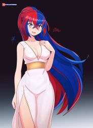 Rule 34 | 1girl, alear (female) (fire emblem), alear (fire emblem), alternate costume, artist name, black background, blue eyes, blue hair, breasts, cleavage, collarbone, crossed bangs, dress, fire emblem, fire emblem engage, gradient background, grey background, heterochromia, highres, jewelry, long hair, looking at viewer, medium breasts, multicolored hair, nintendo, official alternate hairstyle, open mouth, patreon username, ponytail, raydango, red eyes, red hair, ring, side slit, signature, smile, solo, standing, two-tone background, two-tone hair, very long hair