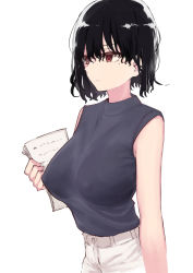 Rule 34 | 1girl, absurdres, black hair, blouse, breasts, closed mouth, covered erect nipples, cowboy shot, grey sweater, hair between eyes, hand up, highres, holding, holding paper, large breasts, medium hair, mole, mole under eye, no bra, original, pants, paper, purple shirt, red eyes, rucchiifu, shirt, short hair, simple background, sleeveless, sleeveless sweater, solo, standing, sweater, white background, white pants