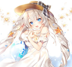 Rule 34 | blue eyes, blush, dress, fate/grand order, fate (series), hat, long hair, marie antoinette (fate), marie antoinette (swimsuit caster) (second ascension) (fate), smile, twintails, white hair