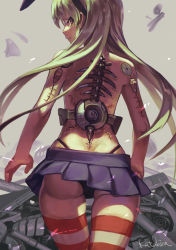 Rule 34 | 10s, 1girl, artist name, ass, back, backbone, blonde hair, cyborg, from behind, hairband, highres, kantai collection, katahira (hiyama), long hair, looking back, machinery, mechanical parts, mechanical spine, miniskirt, pleated skirt, profile, scar, shimakaze (kancolle), skirt, solo, striped clothes, striped thighhighs, thigh gap, thighhighs, topless