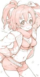 Rule 34 | 1girl, artist name, belt, blush, breasts, catchphrase, cleavage, cowboy shot, crop top, frilled shirt, frills, hair between eyes, hand on own hip, jacket, kosaka honoka, long sleeves, looking at viewer, love live!, love live! school idol project, medium breasts, midriff, monochrome, navel, one side up, randou, scarf, shirt, short hair, short shorts, shorts, smile, solo, stomach, sweat, v, white background, zipper