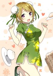 Rule 34 | 10s, 1girl, :d, bamboo steamer, baozi, blush, breasts, brown hair, bun cover, china dress, chinese clothes, cowboy shot, double bun, dress, food, heart, highres, koizumi hanayo, looking at viewer, love live!, love live! school idol festival, love live! school idol project, open mouth, purple eyes, short hair, sky-freedom, smile, solo, standing, tongue