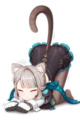 Rule 34 | 1girl, all fours, animal ear fluff, animal ears, aqua bow, black pantyhose, black thighhighs, blush, bow, cat ears, cat girl, cat stretch, cat tail, closed eyes, closed mouth, commentary request, downward dog, frilled leotard, frills, genshin impact, gloves, grey hair, highres, j2l, leotard, long sleeves, lynette (genshin impact), miniskirt, pale skin, pantyhose, simple background, skirt, solo, stretching, tail, thighhighs, top-down bottom-up, two-tone gloves, white background