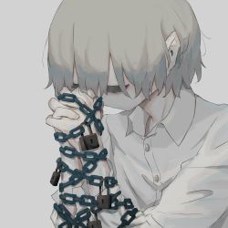 Rule 34 | 1boy, absurdres, avogado6, bound, bound wrists, chain, closed mouth, collared shirt, commentary request, closed eyes, grey hair, highres, interlocked fingers, lock, male focus, no mouth, original, own hands together, padlock, pale skin, praying, shirt, simple background, solo, symbolism, white background, white shirt, wing collar