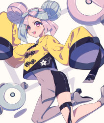 Rule 34 | 1girl, blue hair, commentary request, covered navel, creatures (company), cropped jacket, double bun, game freak, hair bun, high heels, highres, iono (pokemon), jacket, kneeling, looking at viewer, medium hair, miri (cherryjelly), multicolored hair, nintendo, open mouth, pink hair, pokemon, pokemon sv, purple eyes, sharp teeth, single leg pantyhose, skin tight, sleeves past fingers, sleeves past wrists, smile, solo, teeth, thigh strap, two-tone hair, upper teeth only, v-shaped eyebrows, white background, yellow jacket