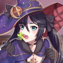 Rule 34 | 1girl, absurdres, aqua eyes, black gloves, blush, breasts, choker, cleavage, earrings, eating, face, food, fork, fur trim, genshin impact, gloves, hair ribbon, hat, hat ornament, highres, jewelry, looking at viewer, mona (genshin impact), open mouth, purple hair, ribbon, salad, solo, star (symbol), star choker, star earrings, star hat ornament, twintails, witch hat, yami anko
