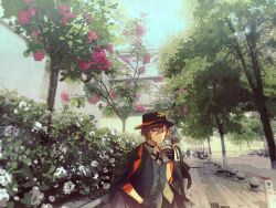 Rule 34 | 2boys, black gloves, blurry, brown hair, bubble tea, bungou stray dogs, bush, cape, choker, city, coat, dazai osamu (bungou stray dogs), depth of field, drink, drinking, flower, gloves, green eyes, hand on own hip, hat, kleinlight, looking at viewer, looking to the side, male focus, multiple boys, nakahara chuuya (bungou stray dogs), necktie, outdoors, road, scenery, sidewalk, street, sunlight, tree, trench coat, vest