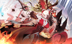 Rule 34 | 1girl, bare shoulders, blonde hair, blue eyes, breasts, bug, butterfly, cleavage, crimson lotus moth (genshin impact), dress, fire, fur trim, genshin impact, highres, insect, large breasts, long hair, mask, nail polish, one eye covered, open mouth, red dress, red nails, signora (crimson witch of embers) (genshin impact), signora (genshin impact), solo, vanink