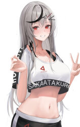 Rule 34 | 1girl, black hair, black pants, blush, braid, breasts, character name, copyright name, crop top, crop top overhang, grey hair, hair ornament, hairpin, haro art, highres, hololive, hololive dance practice uniform, large breasts, long hair, looking at viewer, multicolored hair, navel, official alternate costume, pants, red eyes, sakamata chloe, single braid, smile, solo, streaked hair, v, virtual youtuber, white background, x hair ornament, yoga pants
