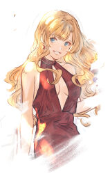 Rule 34 | 1girl, bare shoulders, blonde hair, blue eyes, center opening, dress, earrings, granblue fantasy, grin, hair intakes, highres, jewelry, long hair, red dress, shimatani azu, simple background, sleeveless, sleeveless dress, smile, solo, wavy hair, white background, zeta (granblue fantasy)