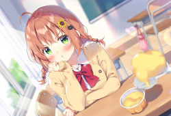 1girl, :t, bangs, blurry, blurry background, blurry foreground, blush, bow, braid, breasts, brown cardigan, brown hair, cardigan, cat hair ornament, chair, closed mouth, collared shirt, commentary request, depth of field, desk, dress shirt, dutch angle, eyebrows visible through hair, flower, food, green eyes, hair between eyes, hair flower, hair ornament, hairclip, honma himawari, indoors, long hair, long sleeves, looking at viewer, nijisanji, pan (mimi), pout, pudding, red bow, school chair, school desk, school uniform, shirt, sleeves past wrists, small breasts, solo, spoon, sunflower, sunflower hair ornament, twin braids, v-shaped eyebrows, virtual youtuber, white shirt, yellow flower